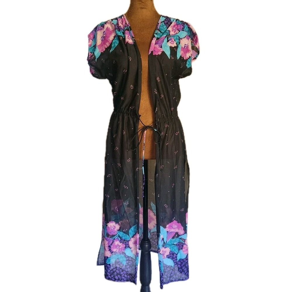 Vintage 1970s Duster Robe Cardigan Floral Lightweight Size 12 Boho Rockabilly